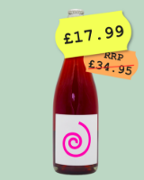 natural English wine. Juicy, funky wine with a pink swirl on the label.
